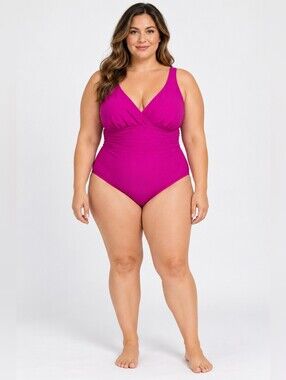 Aqua Green Plus Size 22 Fuchsia One Piece Swimsuit V Neck Tummy Control NWT